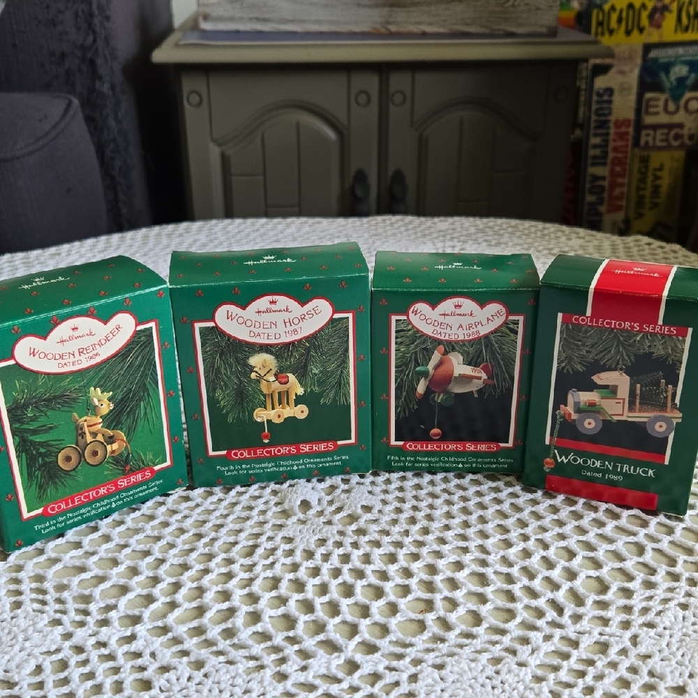 4 VINTAGE HALLMARK COLLECTOR'S SERIES, "WOODEN TOYS" TREE ORNAMENTS